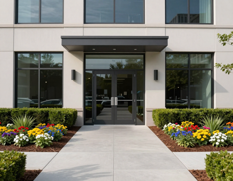 Commercial property entrance with immaculate landscaping