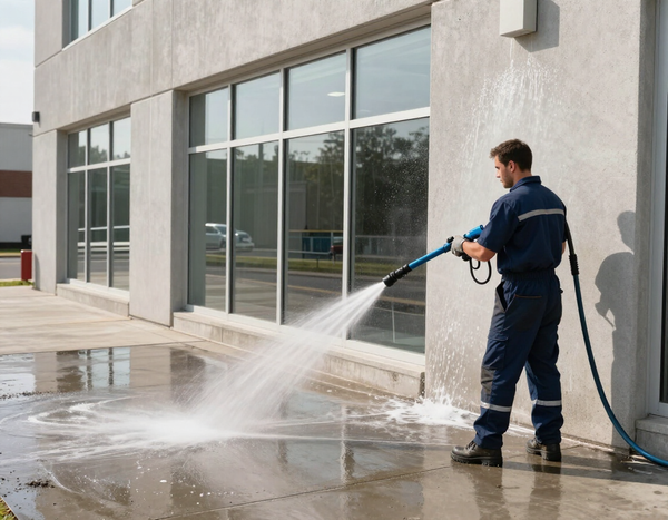 Pressure washing a commercial building entrance