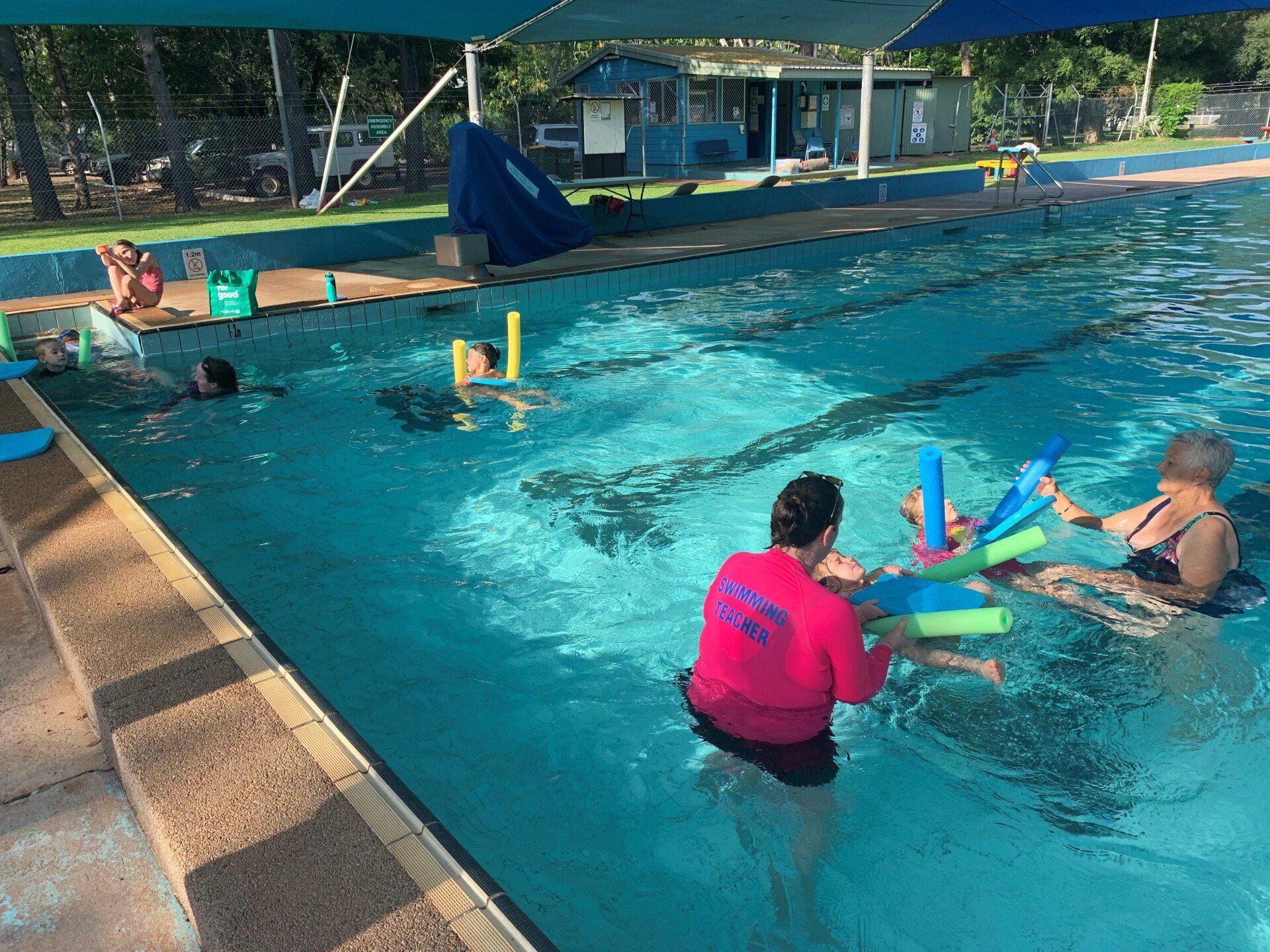 A group of people are swimming in a swimming pool.