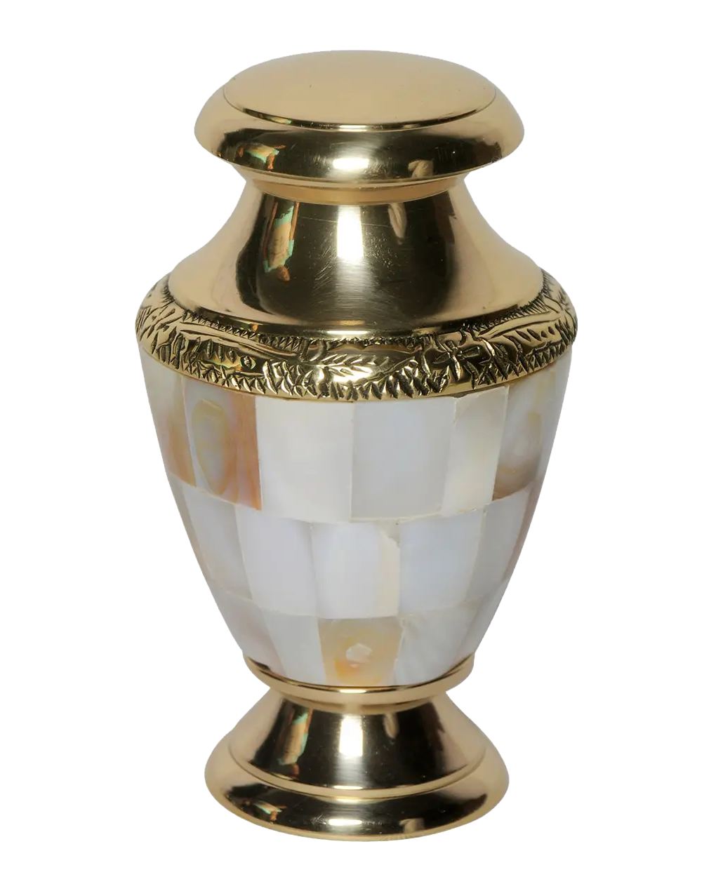 decorative keepsake urn with pearl finish and gold accents