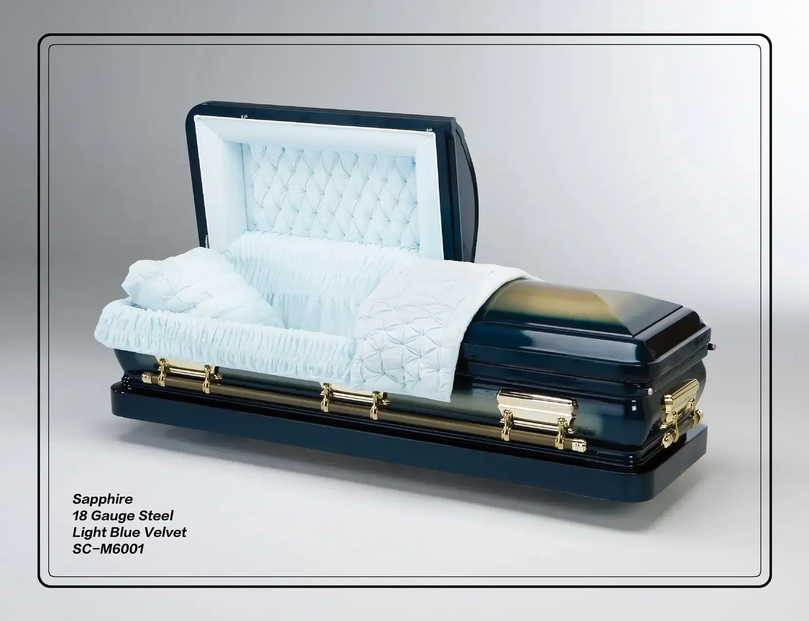 sapphire steel casket with light blue velvet interior display
