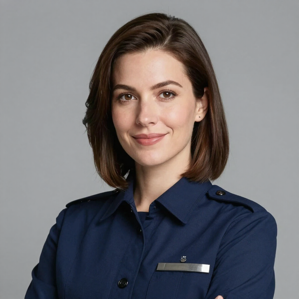 Portrait of a woman in a navy uniform, smiling against a gray background