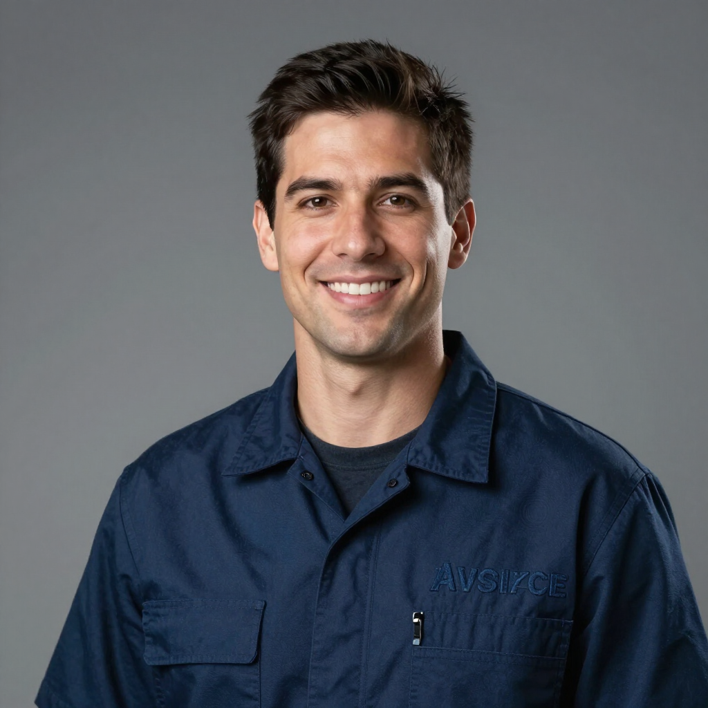 Smiling man in a navy work shirt against a gray background