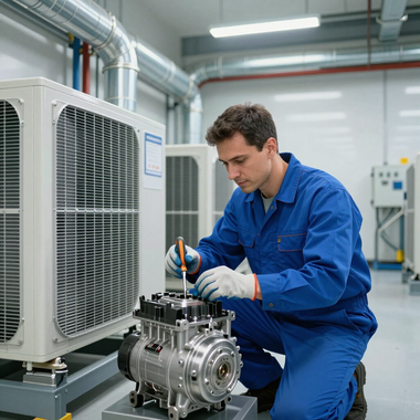 Technician in blue coveralls repairs industrial machinery in a factory workshop
