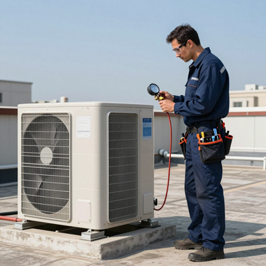 Technician inspecting a rooftop HVAC unit with a gauge and hose