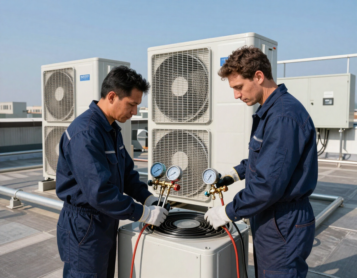 Technicians servicing HVAC units on a rooftop, checking gauges and hoses on outdoor condensers