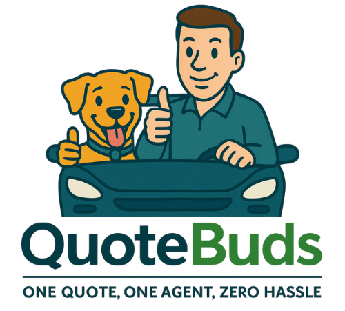 Man and dog giving thumbs up, in a car. QuoteBuds logo with tagline below.