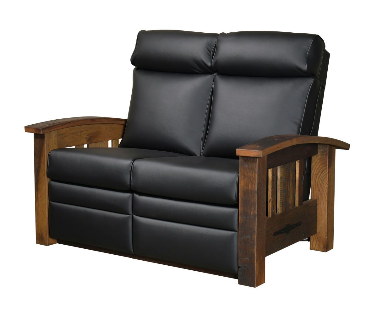 Black leather loveseat with wooden arms.