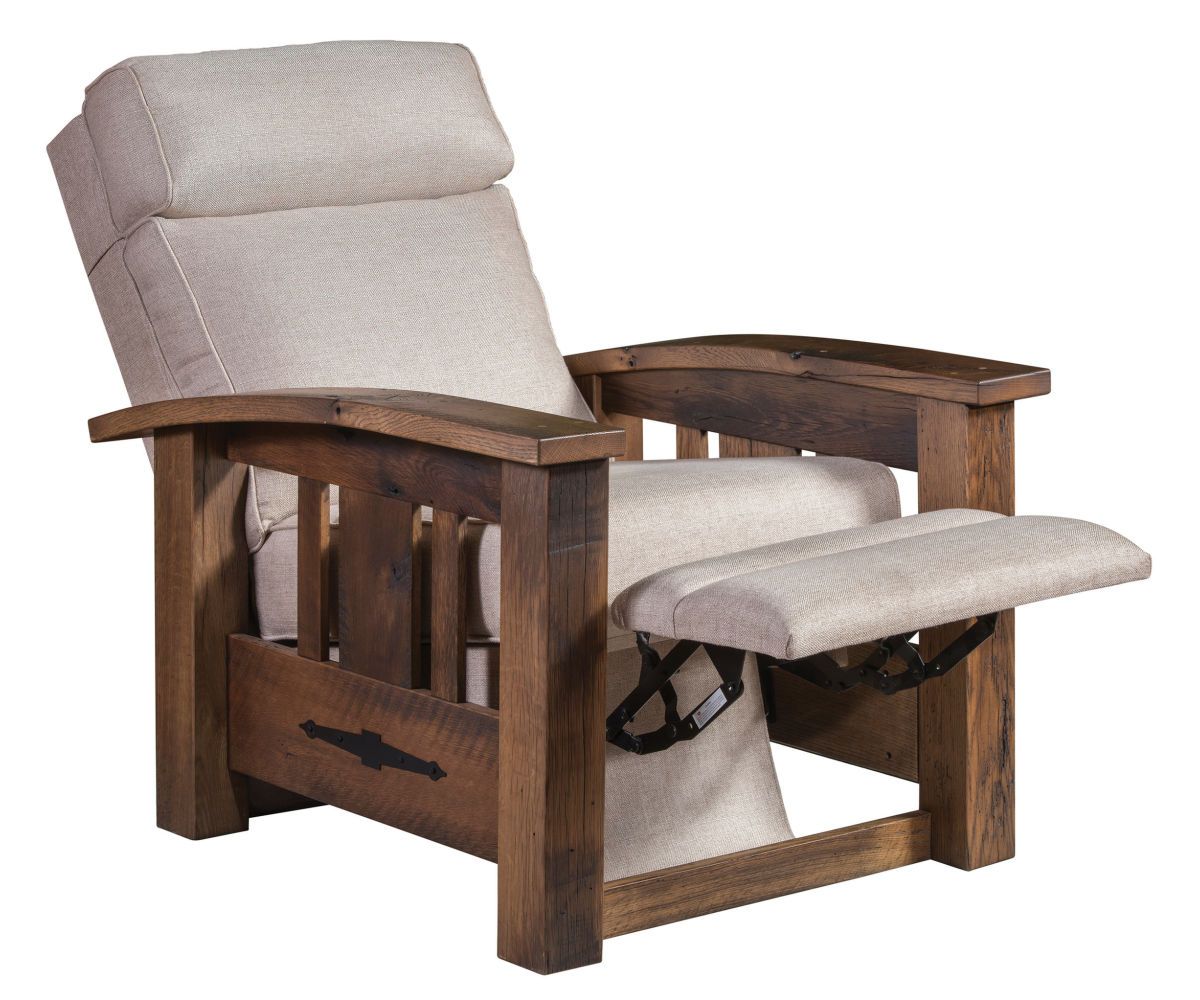 Wooden recliner with beige fabric and extended footrest.