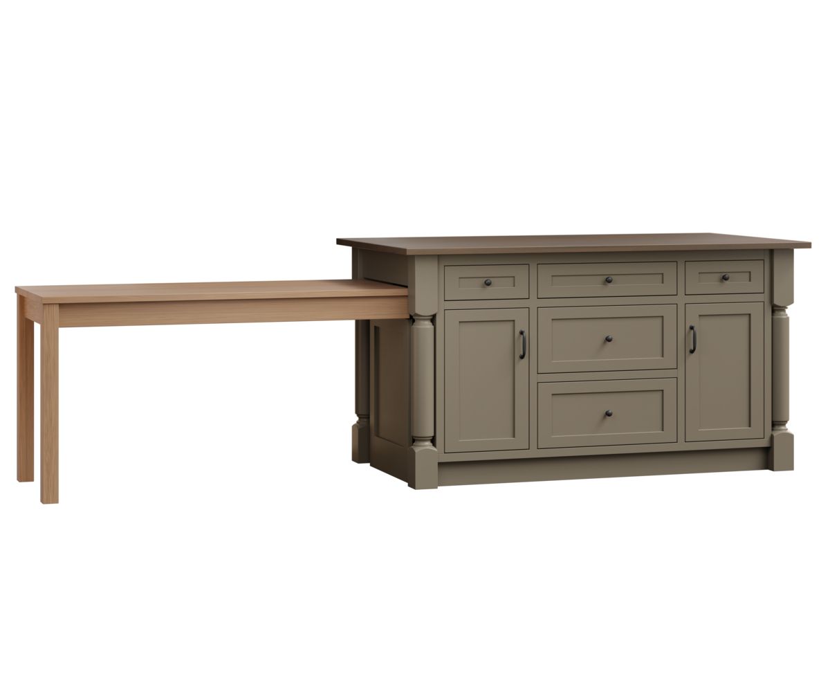 Kitchen island with pull-out table; gray cabinet, light brown table, white background.