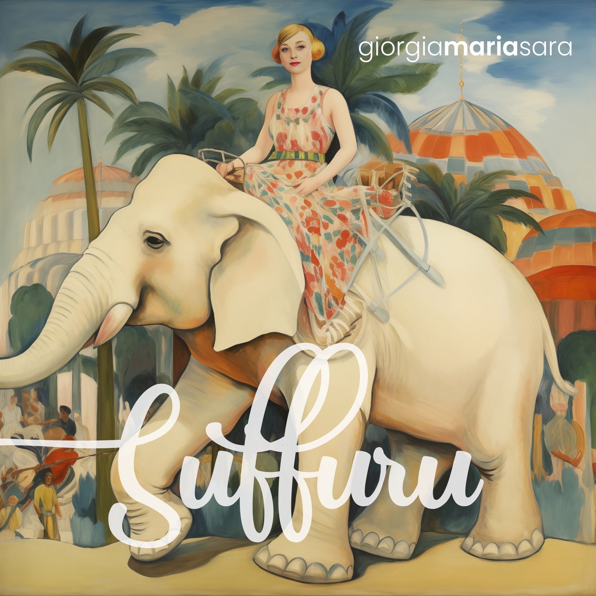 Una persona con indosso un abito a fantasia cavalca un grande elefante bianco attraverso un paesaggio con palme ed edifici a cupola.