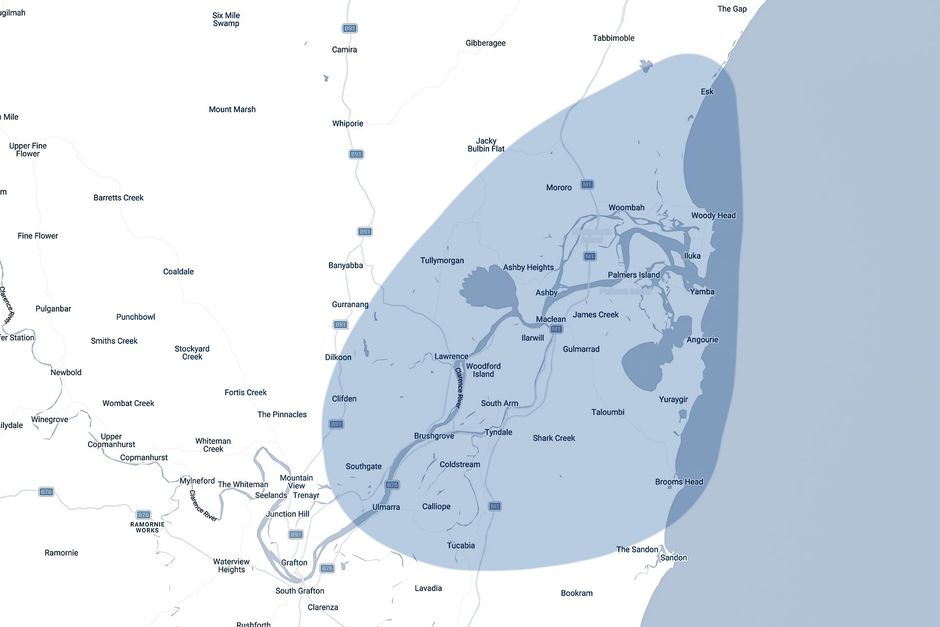 Blue shaded map highlighting a coastal region with place names and boundaries
