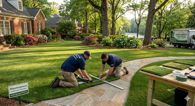 Two workers in blue shirts kneel on a lush green lawn, using a straight edge to install new sod near a stone walkway.