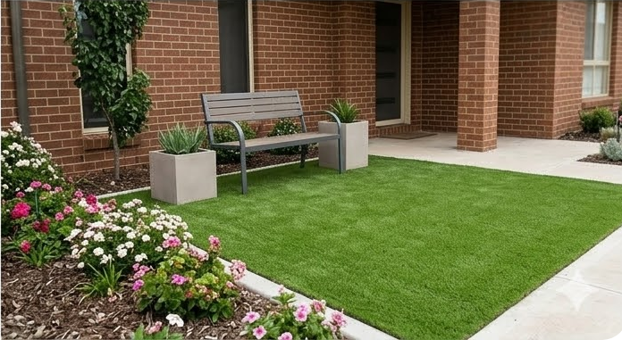A wooden bench sits on a patch of green grass in front of a brick house, bordered by flower beds and potted plants.