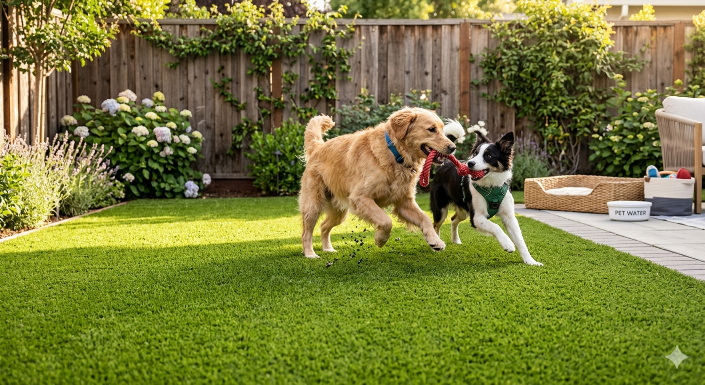 A golden retriever and a black and white border collie play with a red toy on a vibrant green lawn in a fenced backyard.