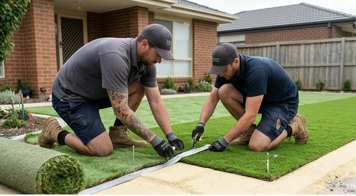 Two workers in uniform kneel on a residential lawn, installing sections of artificial turf with adhesive tape.