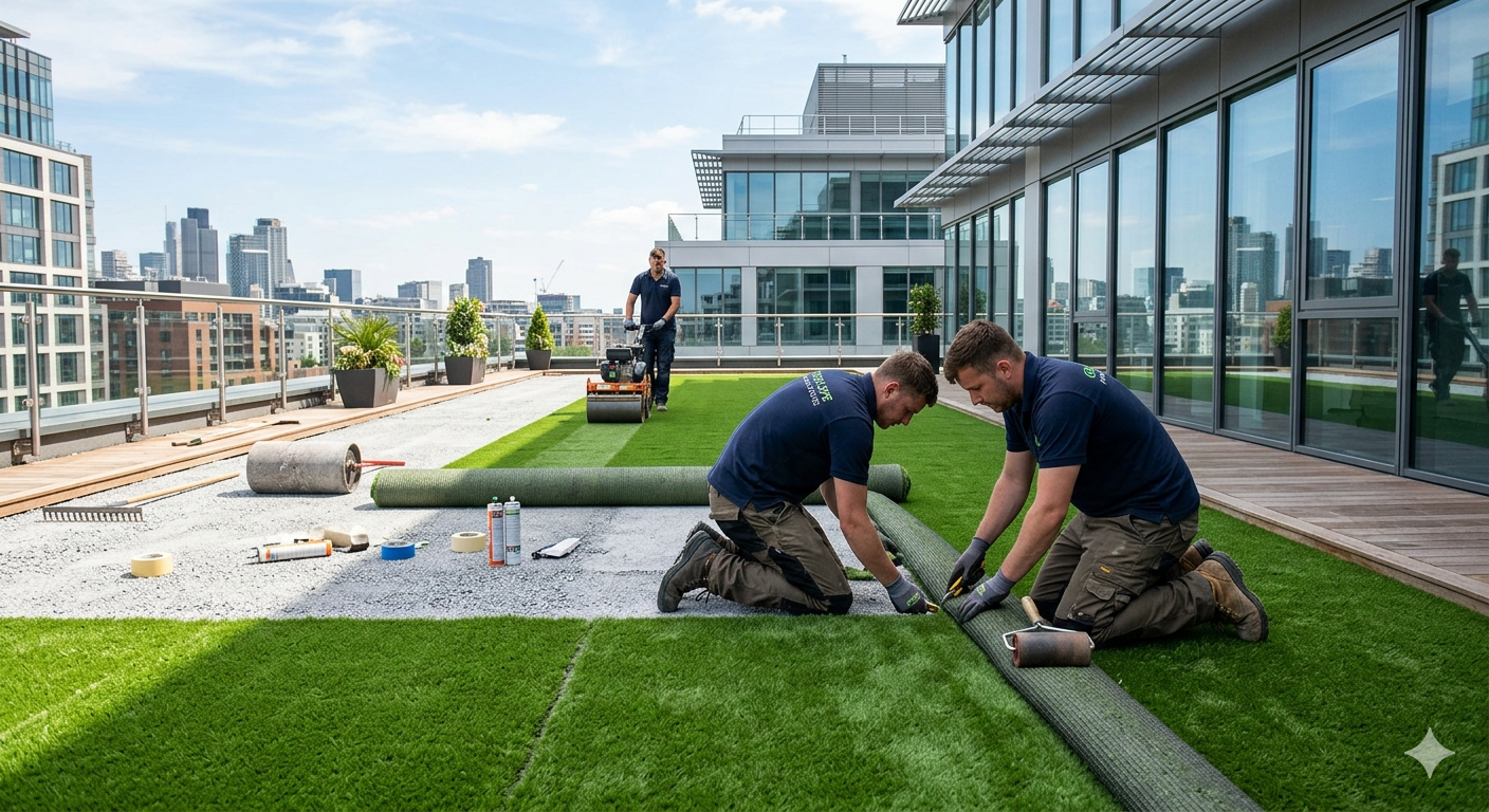 Workers in blue uniforms install rolls of artificial grass on an urban rooftop terrace with a city skyline in the background.
