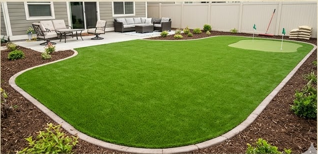 A backyard with artificial turf, a small putting green, a paved patio with outdoor furniture, and surrounding mulch beds.