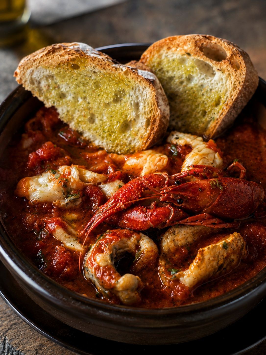 Ciotola rustica di pane contenente stufato di pomodoro, ricoperta di formaggio fuso e salsiccia, con fette di pane tostato sopra.