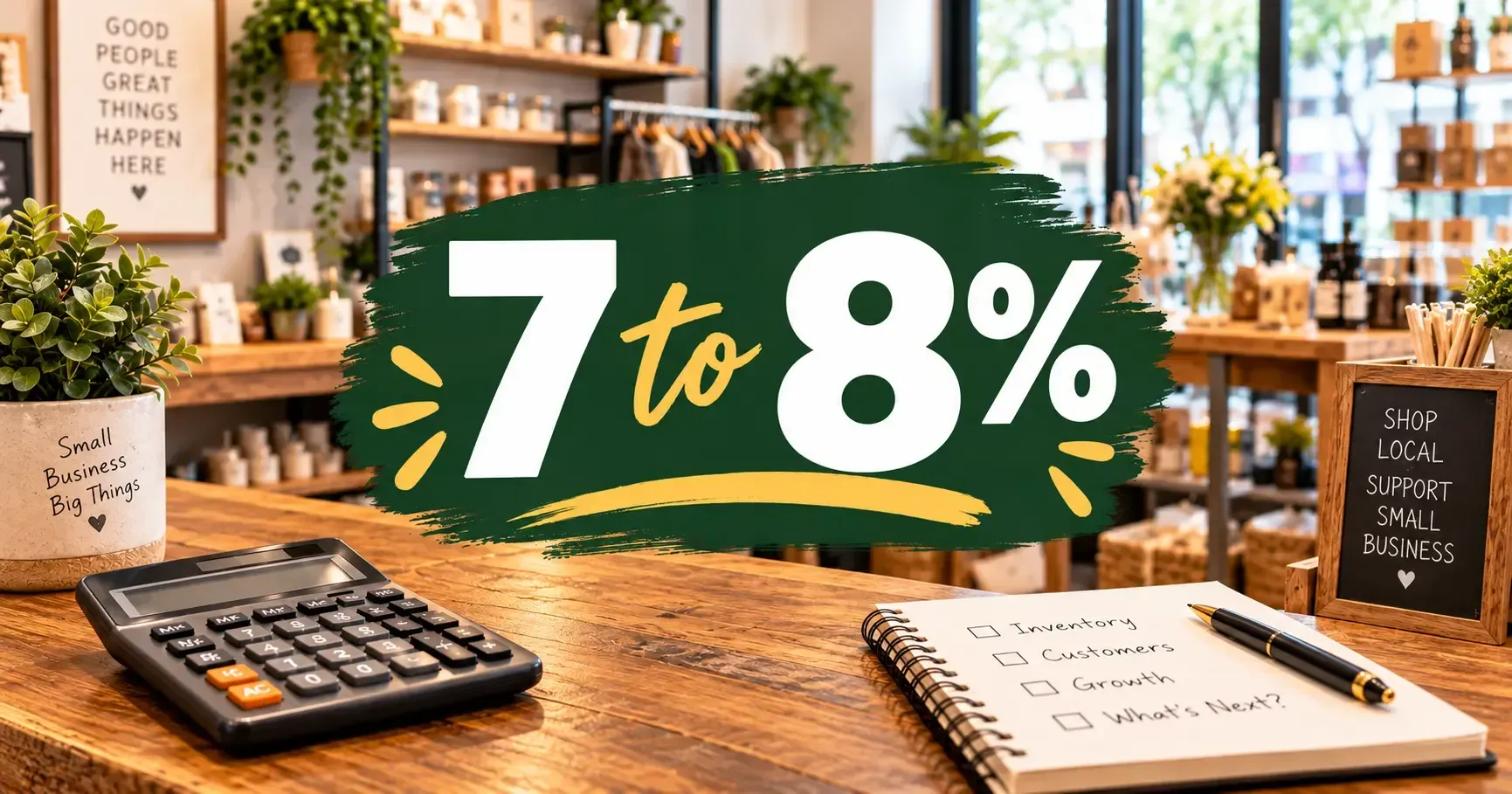 Coffee shop counter with calculator and notebook, overlaid with “7 to 8%” discount text