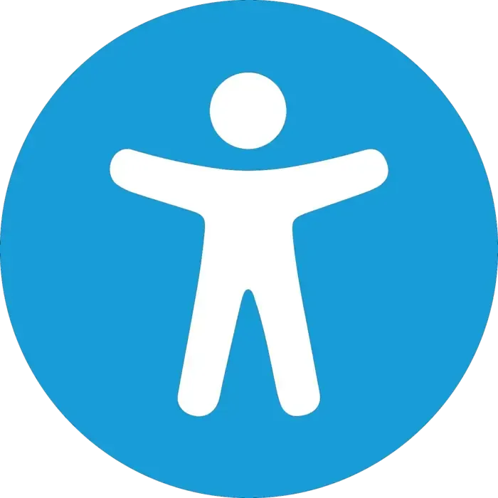White accessibility person icon in a blue circle on a white background