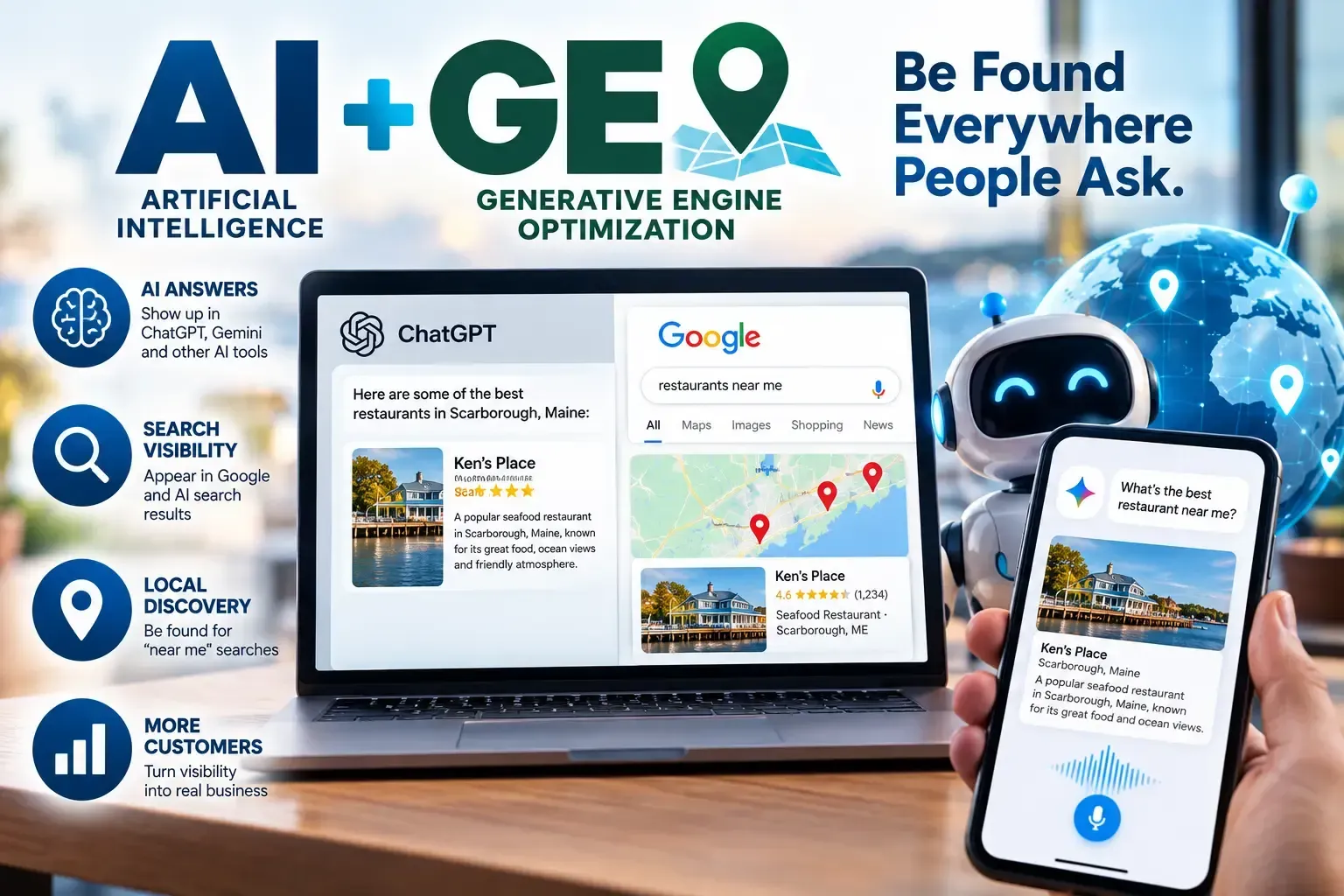 AI+SEO marketing graphic with laptop, smartphone, and robot icon on a blue background