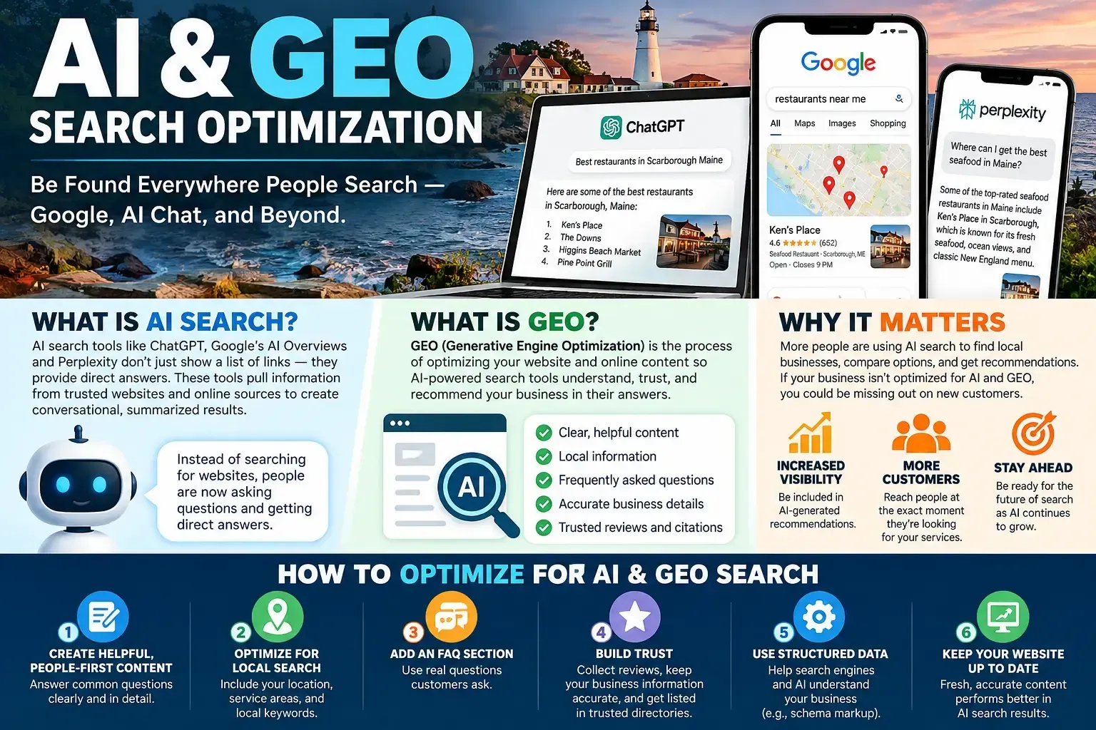 AI and GEO search optimization infographic with Google, ChatGPT, and maps icons on a blue background
