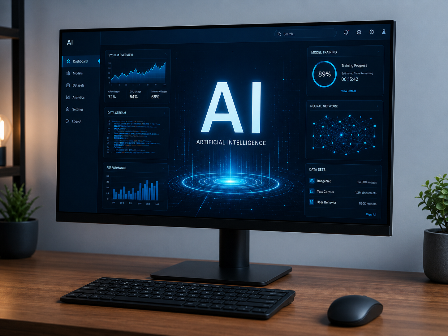 Desktop monitor displaying an AI dashboard on a wooden desk with keyboard, mouse, and small plants.