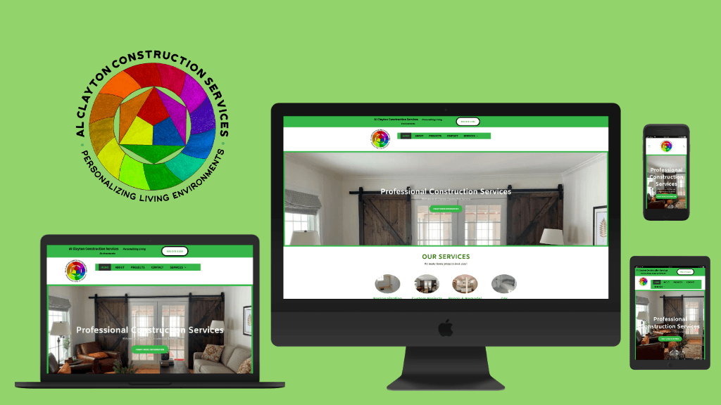A computer monitor a laptop a phone and a tablet are shown on a green background