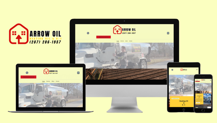 A computer , laptop , tablet , and phone are displaying a website for arrow oil.