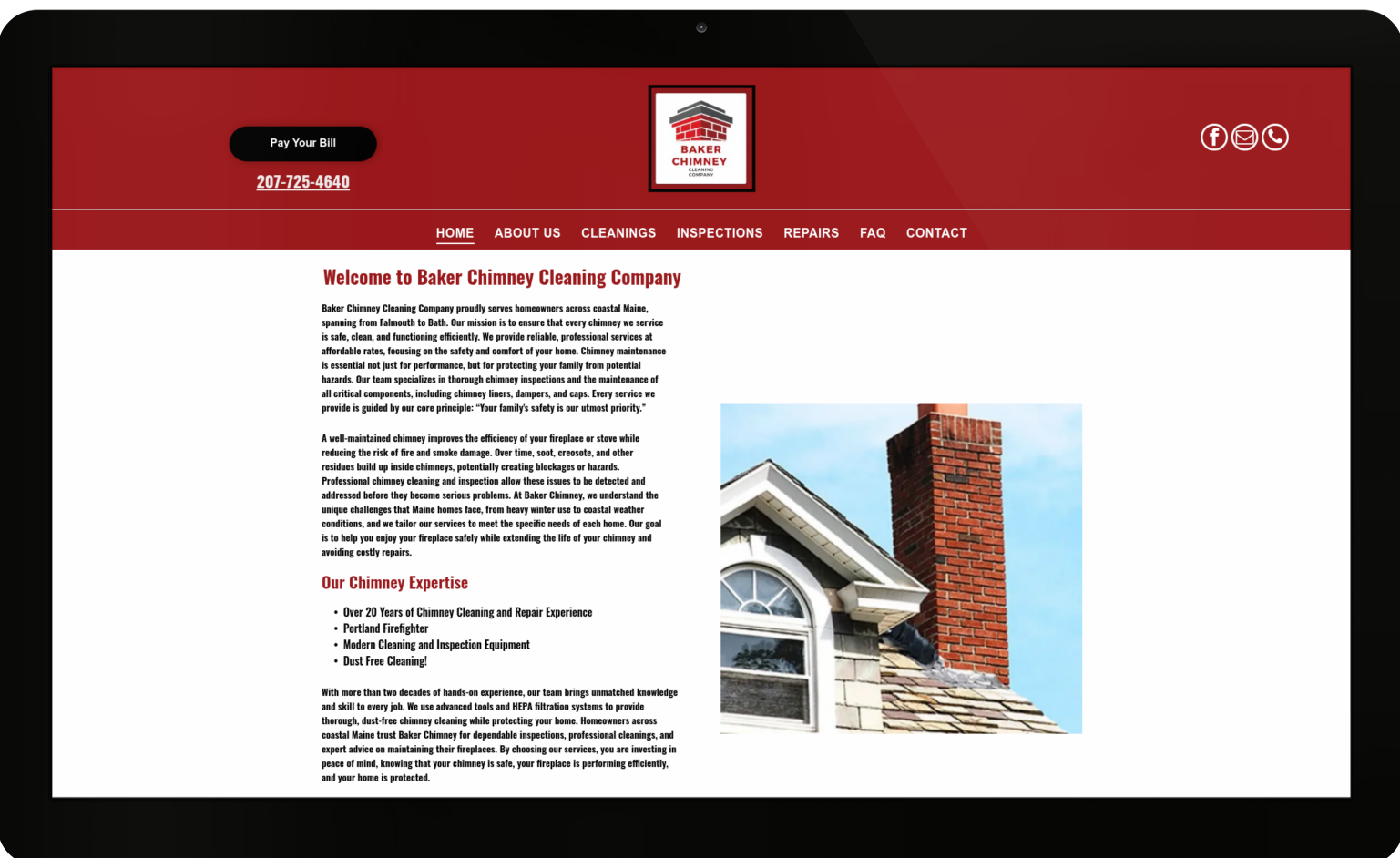 A computer screen shows a website for a chimney company