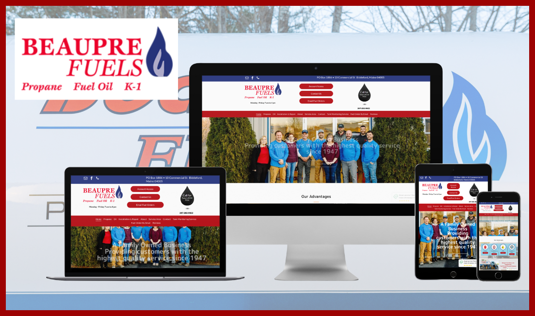 A computer , laptop , tablet , and cell phone displaying a website for a construction company.