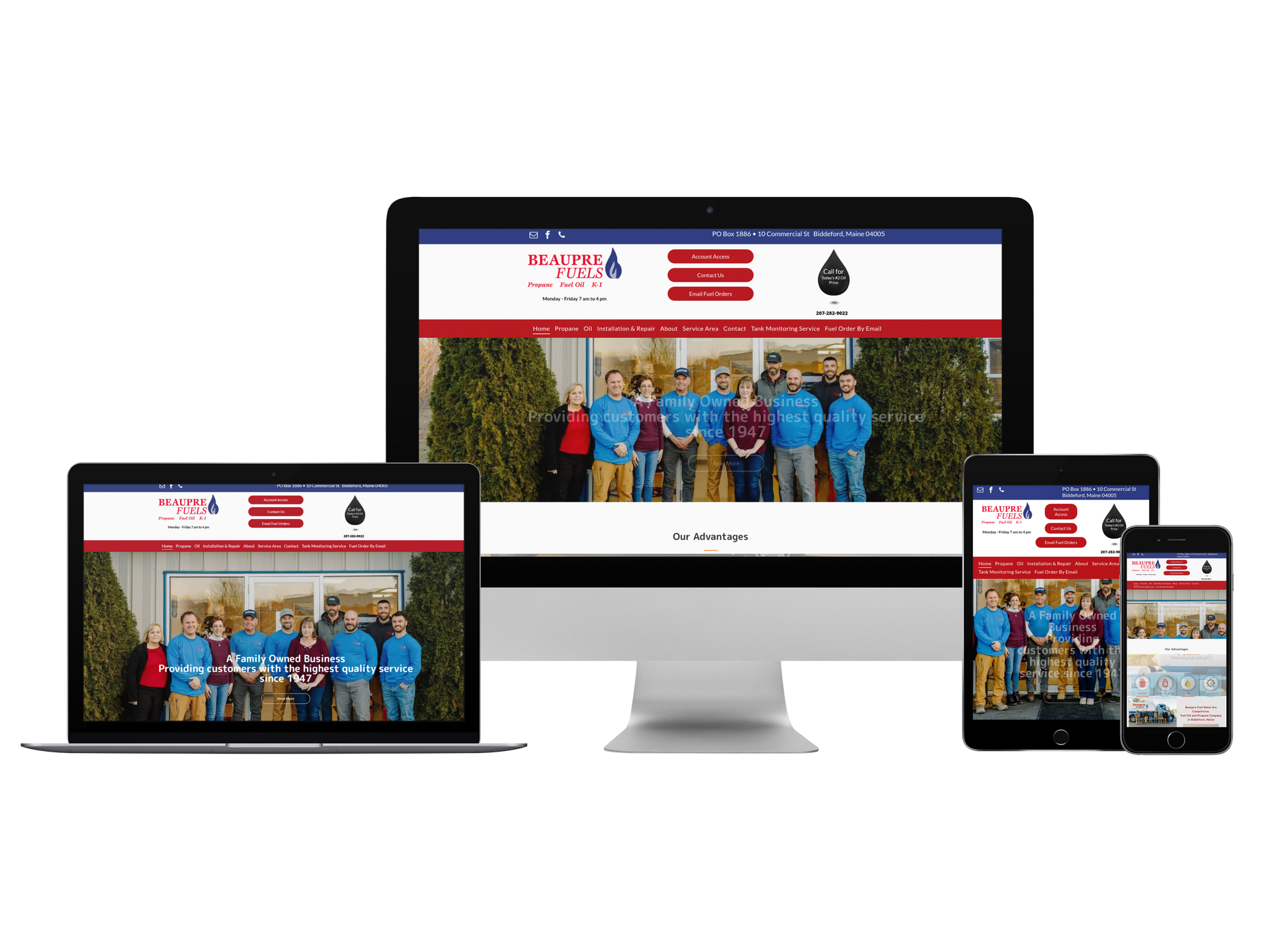 Responsive website displayed on desktop, laptop, tablet, and phone screens