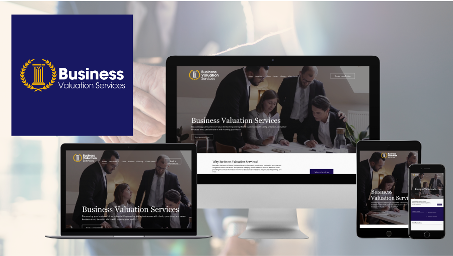 A computer , laptop , tablet , and phone are displaying a business website.