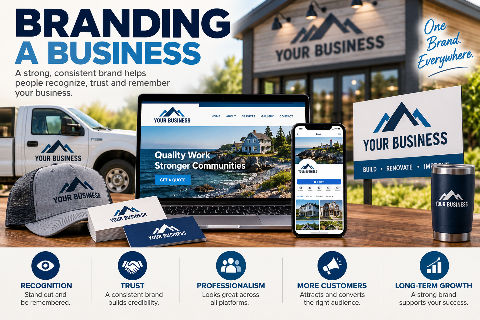 Promotional graphic for business branding: logo on hat, shirt, truck, laptop, phone, and signage.