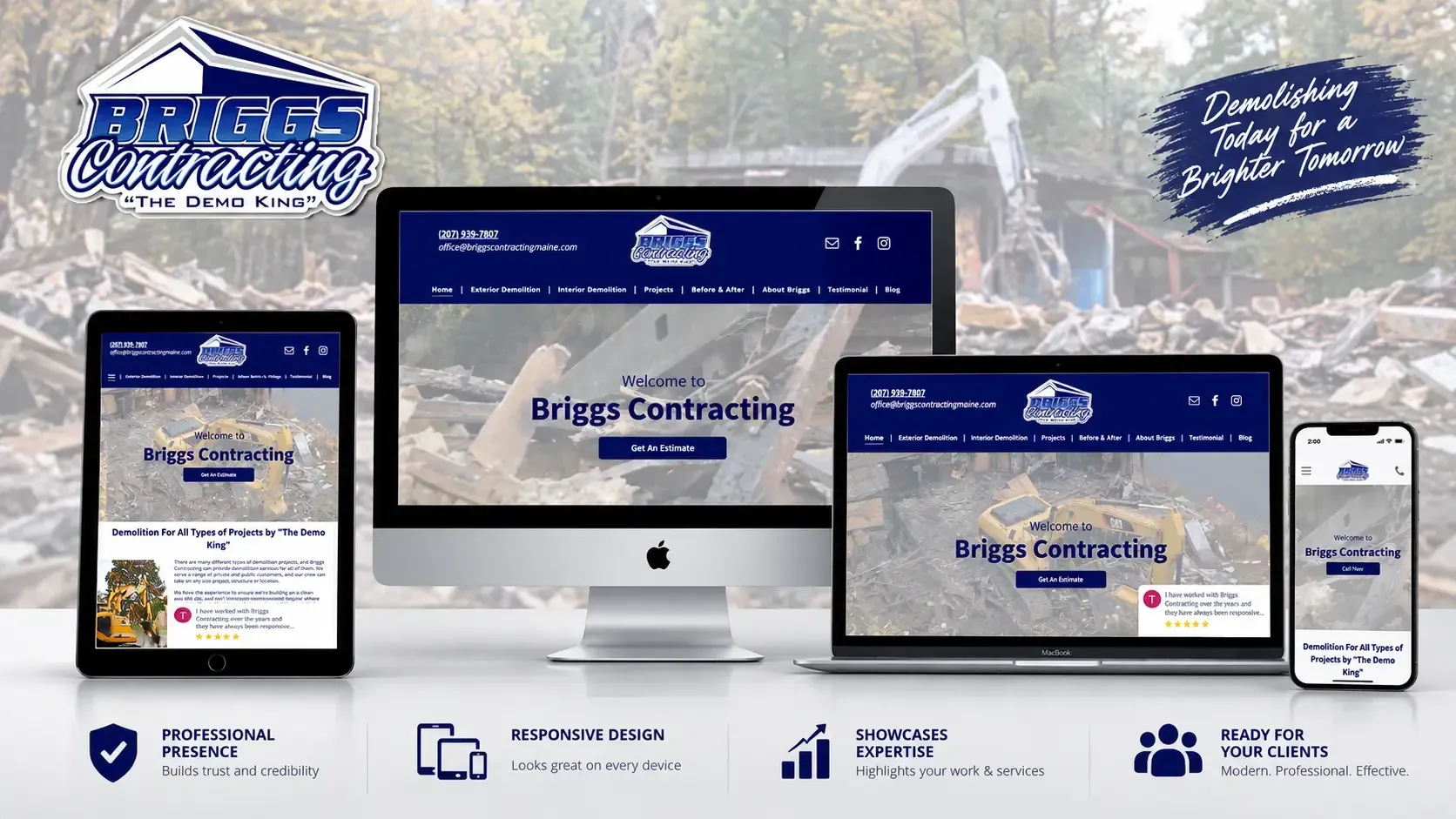 Website mockup on desktop, tablet, and phone with blue branding and construction background