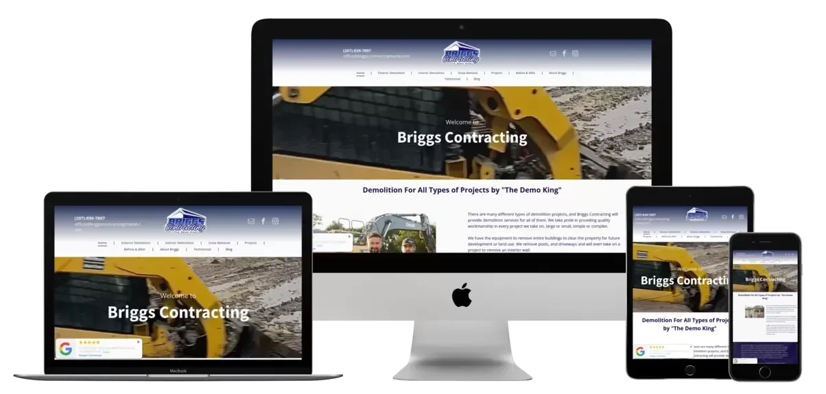 A computer , laptop , tablet , and cell phone displaying a website for a construction company.