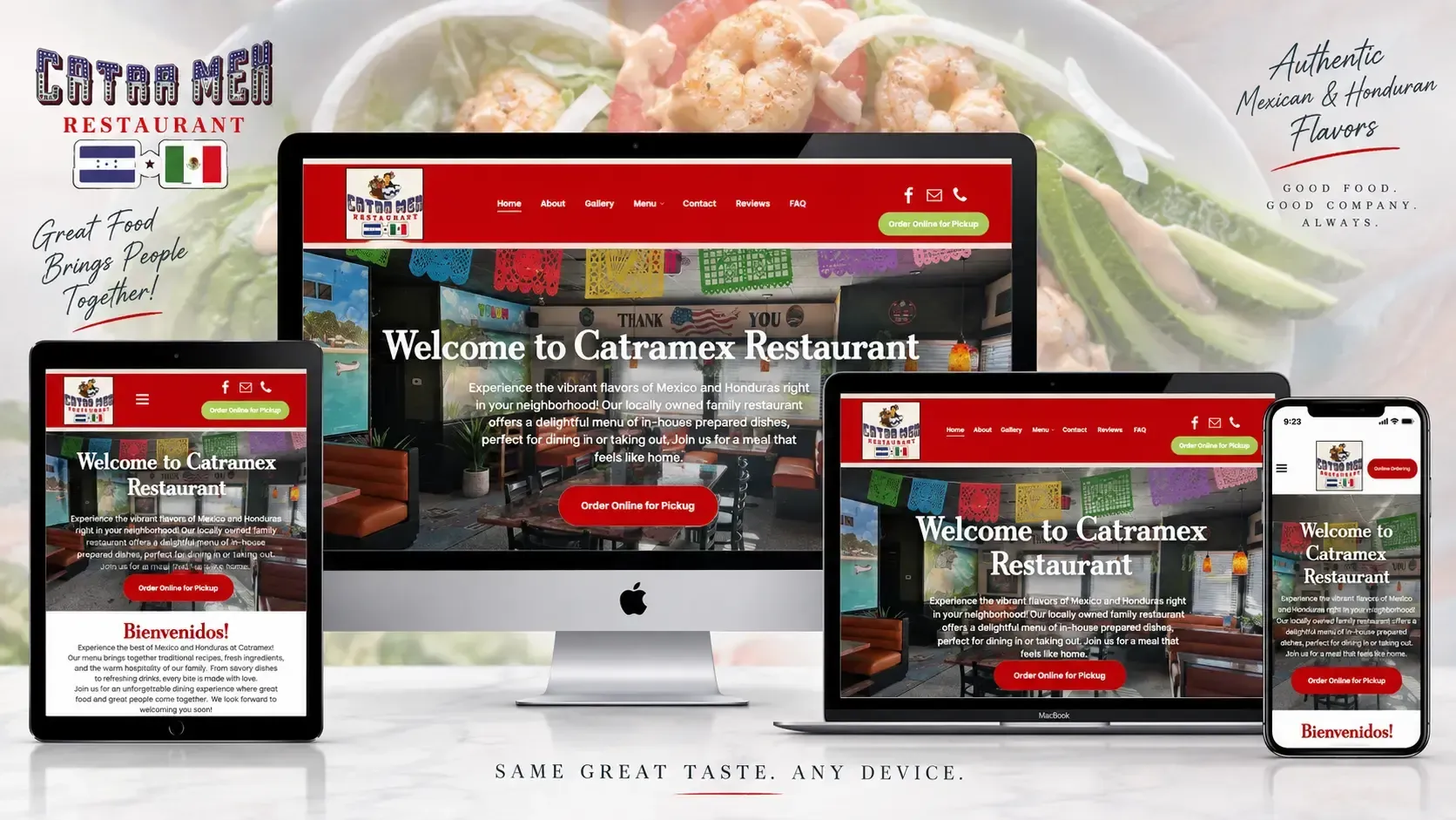 Restaurant website mockup displayed on desktop, tablet, and phone over a food background