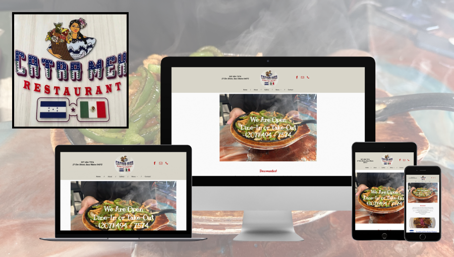 A computer monitor a laptop a tablet and a phone displaying a website for a restaurant