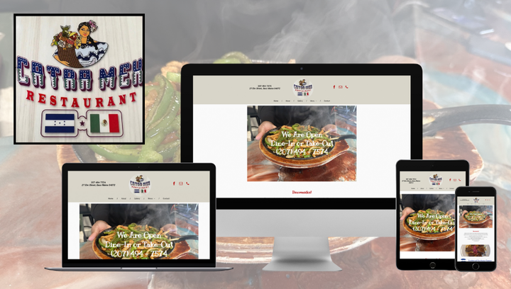 A computer monitor a laptop a tablet and a phone displaying a website for a restaurant