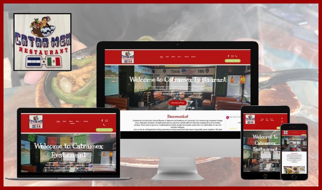 Restaurant website shown on desktop, laptop, tablet, and phone with a red header and burger menu logo