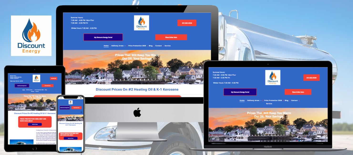 Responsive website mockup on desktop, laptop, tablet, and phone with a blue/orange hero banner.