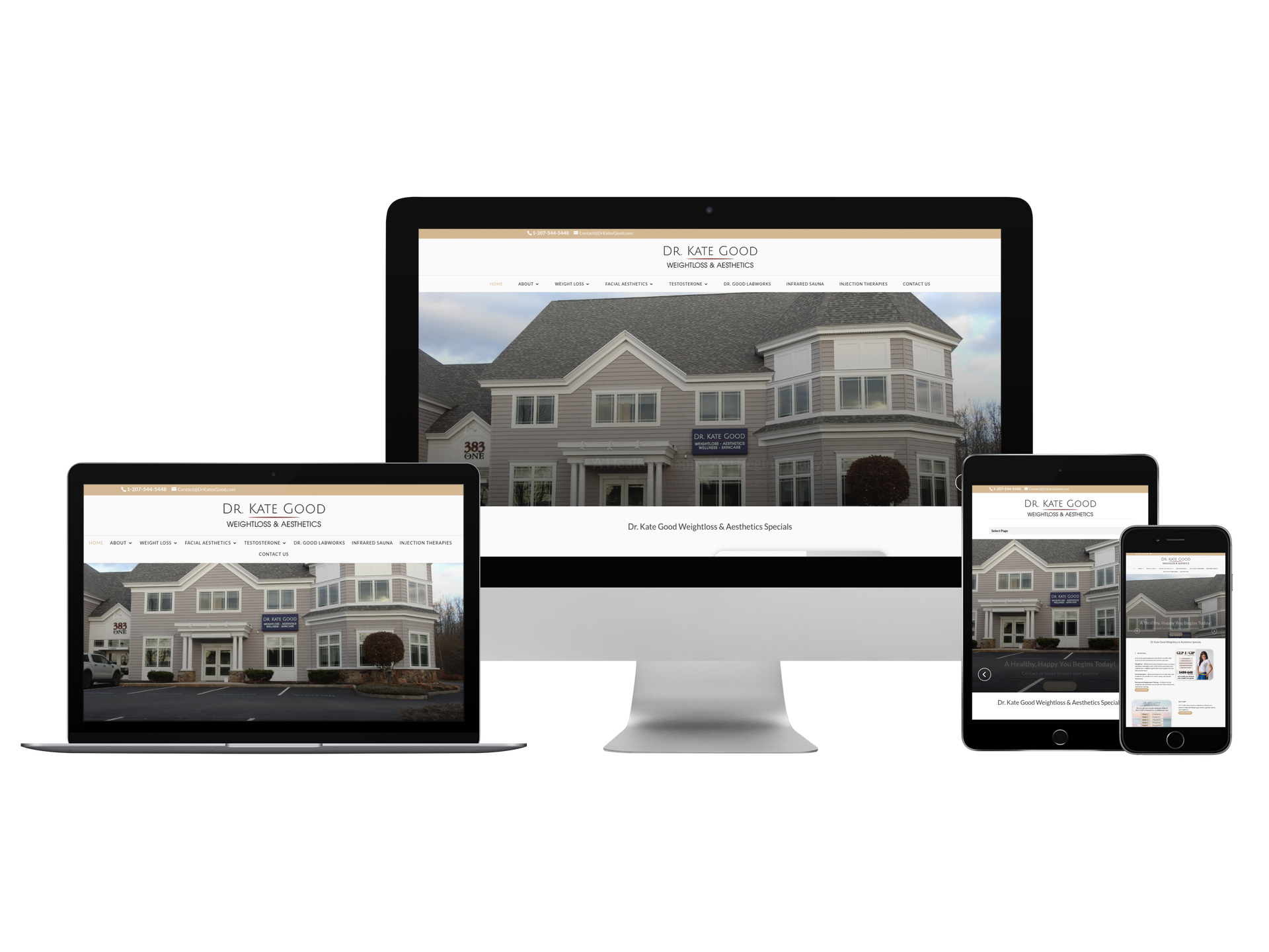 Website shown on desktop, laptop, tablet, and phone screens with a house photo