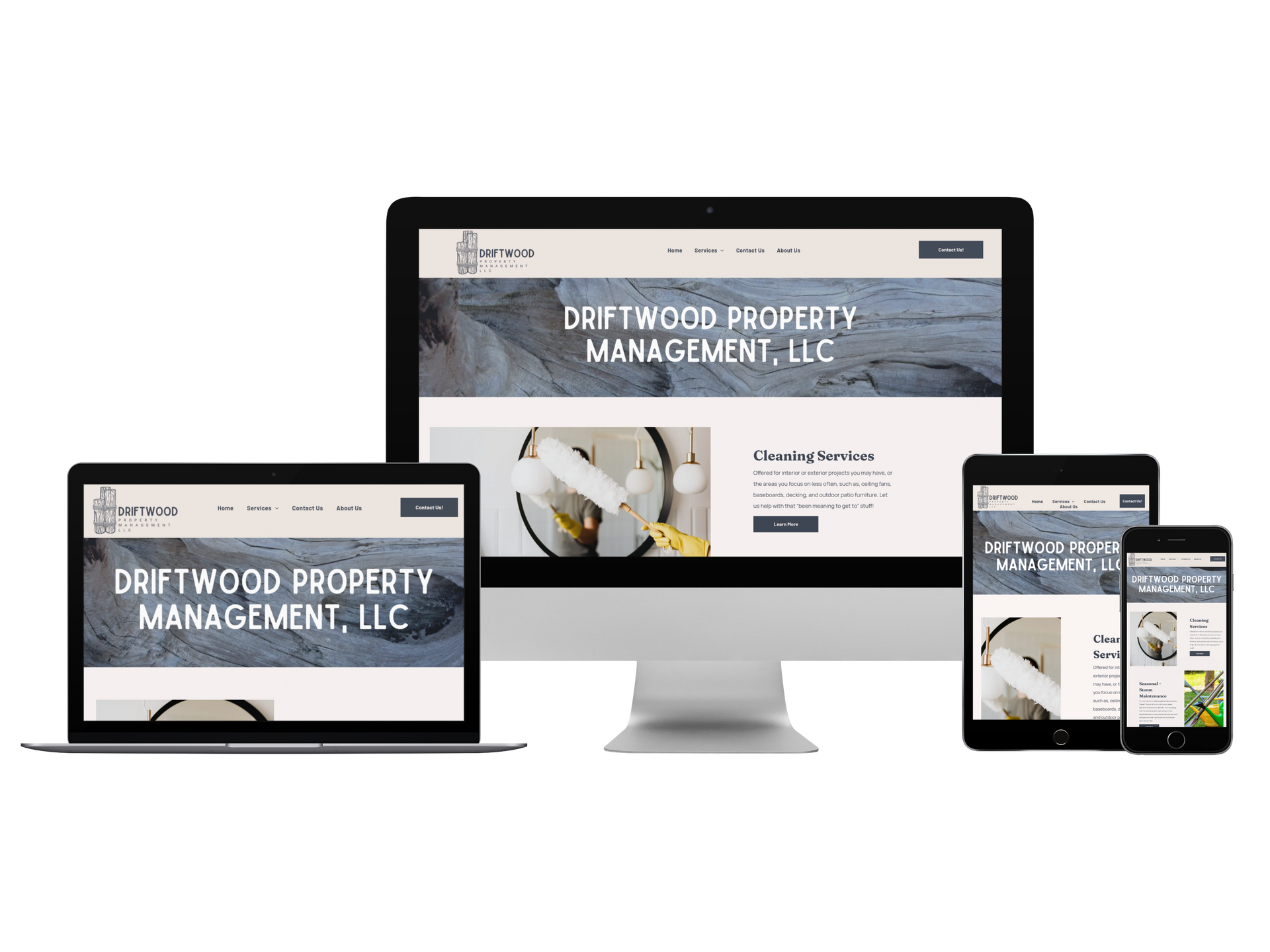 Responsive website mockup shown on desktop, laptop, tablet, and phone devices
