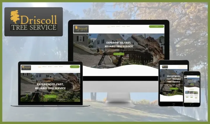 Driscoll Tree Service website displayed on laptop, monitor, and phones, showcasing responsive design.