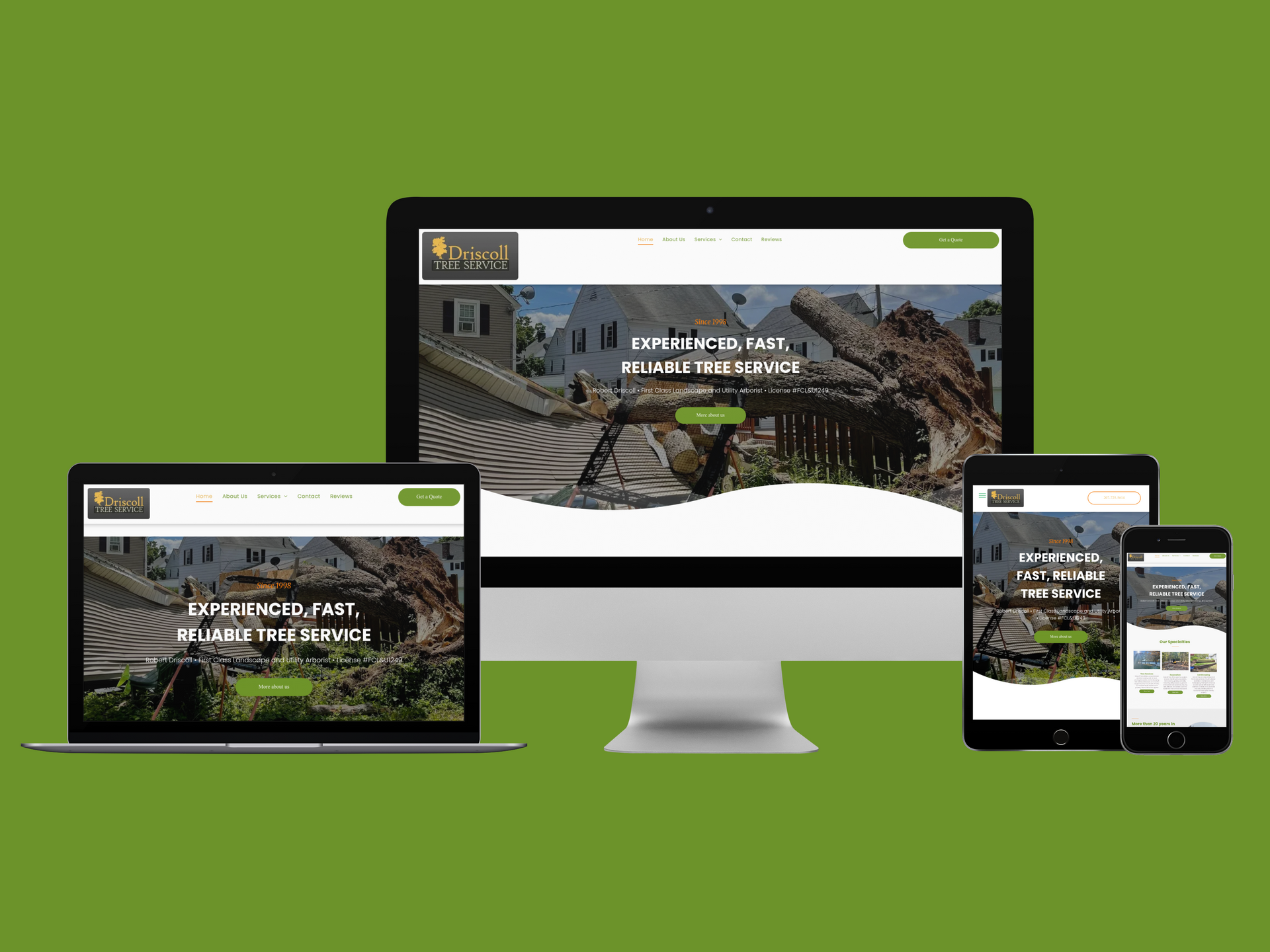 Responsive website mockup displayed on desktop, laptop, tablet, and phone against a green background