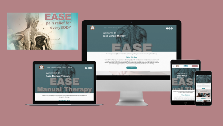 A computer , laptop , tablet , and phone are displaying a website for ease manual therapy.