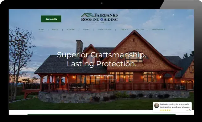 Log cabin roofing company homepage with sunset cabin, slogan “Superior Craftsmanship, Lasting Protection.”