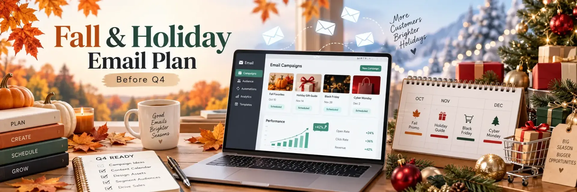 Fall and Holiday Email Plan banner with laptop dashboard, planner, and festive decor on a desk