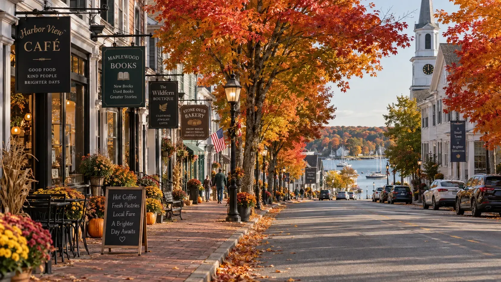 Tree-lined autumn street with cafes, fallen leaves, and a church steeple in the distance